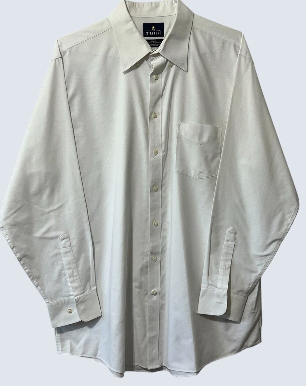 Stafford Mens Dress Shirt 17.5 34-35 Solid White Travel Wrinkle Free Oxford